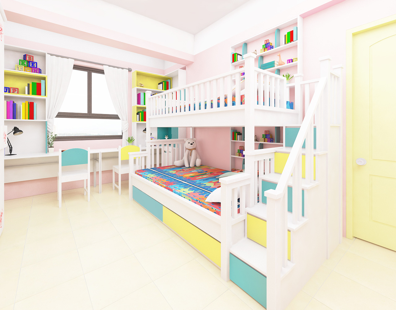 Hình ảnh phòng ngủ của hai bé gái với giường tầng, bàn học, giá sách màu sắc