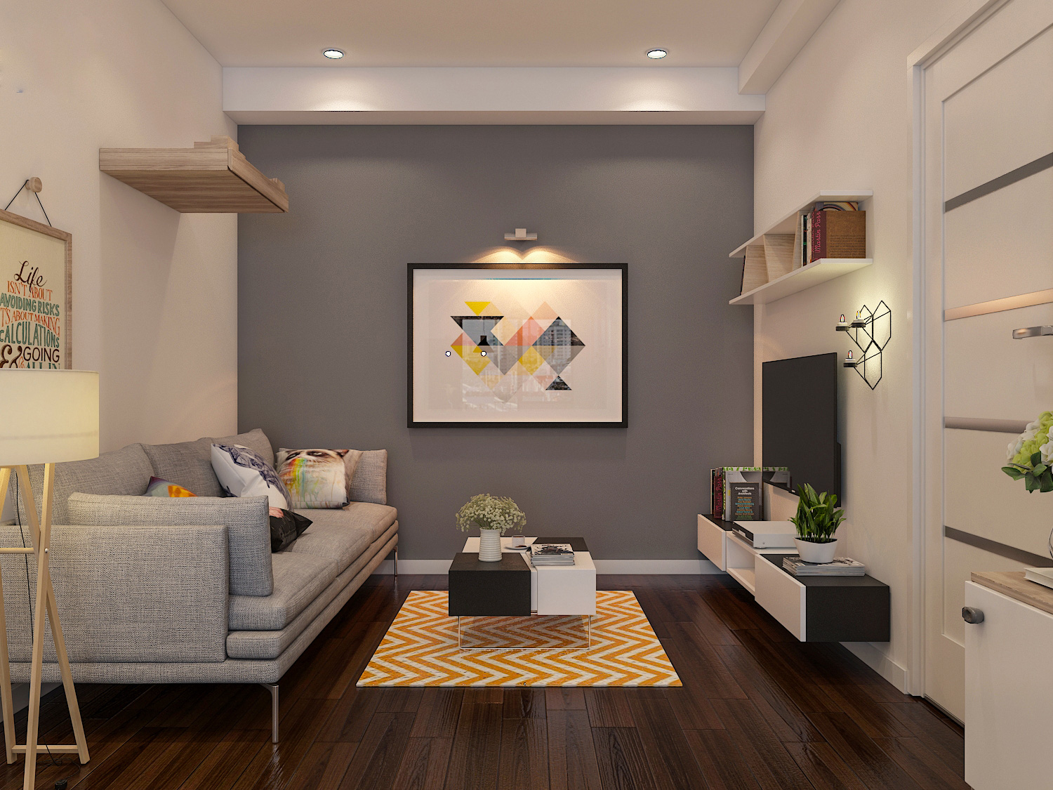 Hình ảnh phòng khách căn hộ tập thể 52m2 với sofa ghi, bàn trà nhỏ xinh, thảm trài màu vàng chanh