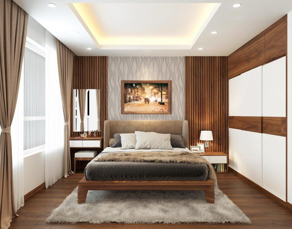 Hình ảnh phòng ngủ mang hơi hướng Á Đông sử dụng nội thất gỗ chủ đạo, cửa sổ kính, rèm cửa dày