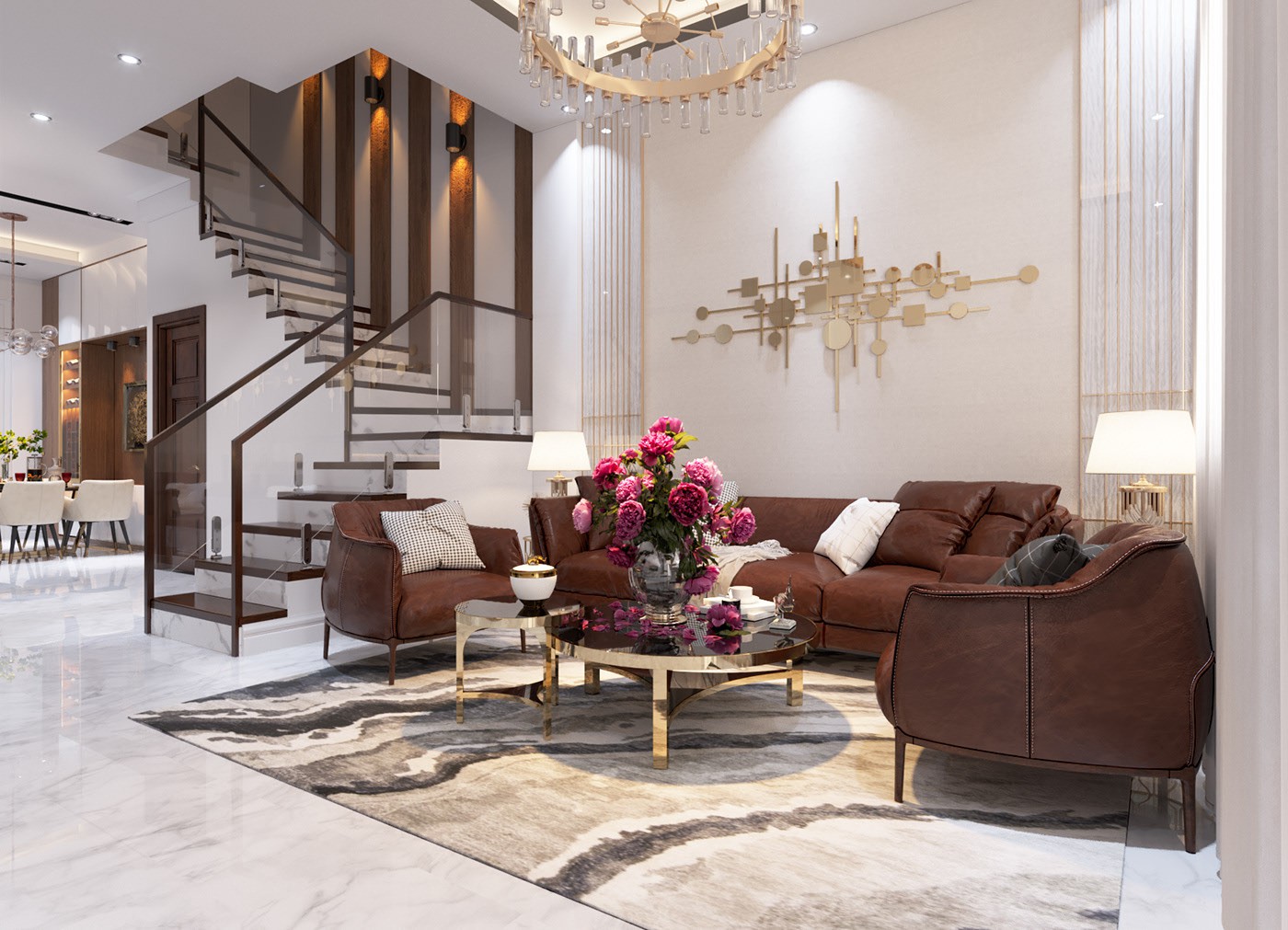 Phòng khách nhà phố hiện đại nổi bật với bộ ghế sofa màu nâu, bàn trà tròn mạ vàng sáng bóng, tranh treo tường và đèn chùm cùng tông.