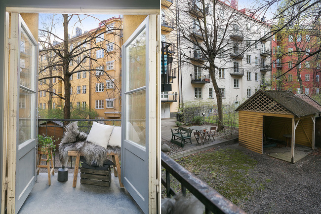 Hình ảnh nơi ban công căn hộ phong cách Scandinavian, chủ nhân khéo léo bài trí góc đọc sách, thư giãn nhỏ xinh với gối tựa màu trắng, đệm lông xám.