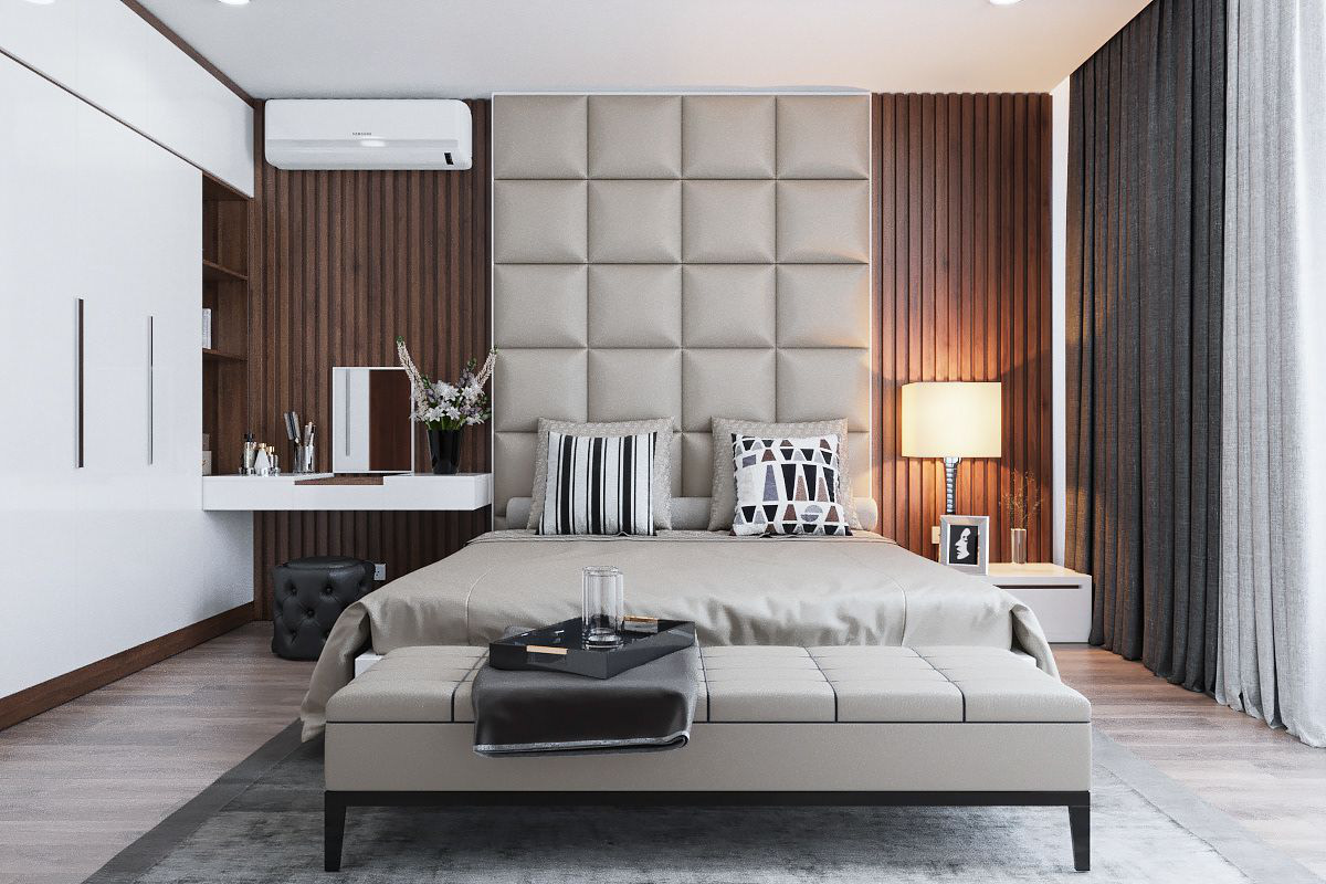 Hình ảnh phòng ngủ rộng rãi, sử dụng màu trung tính thanh lịch, tường đầu giường ốp gỗ