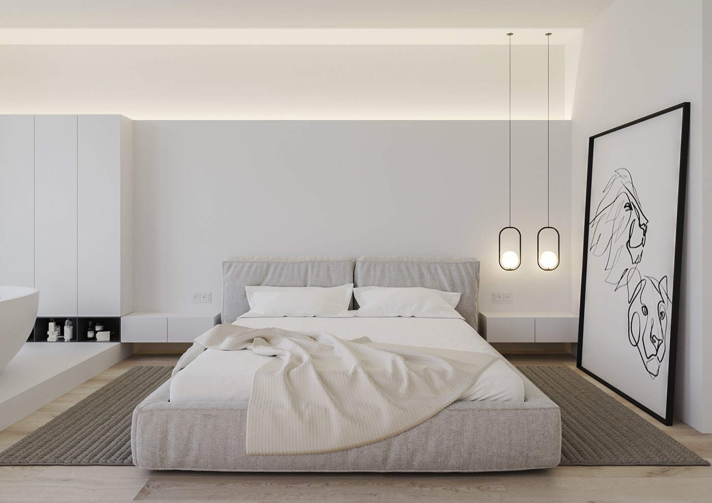 Hình ảnh phòng ngủ đơn giản với chăn đệm màu trắng, đèn thả đầu giường, tranh trang trí hình sư tử