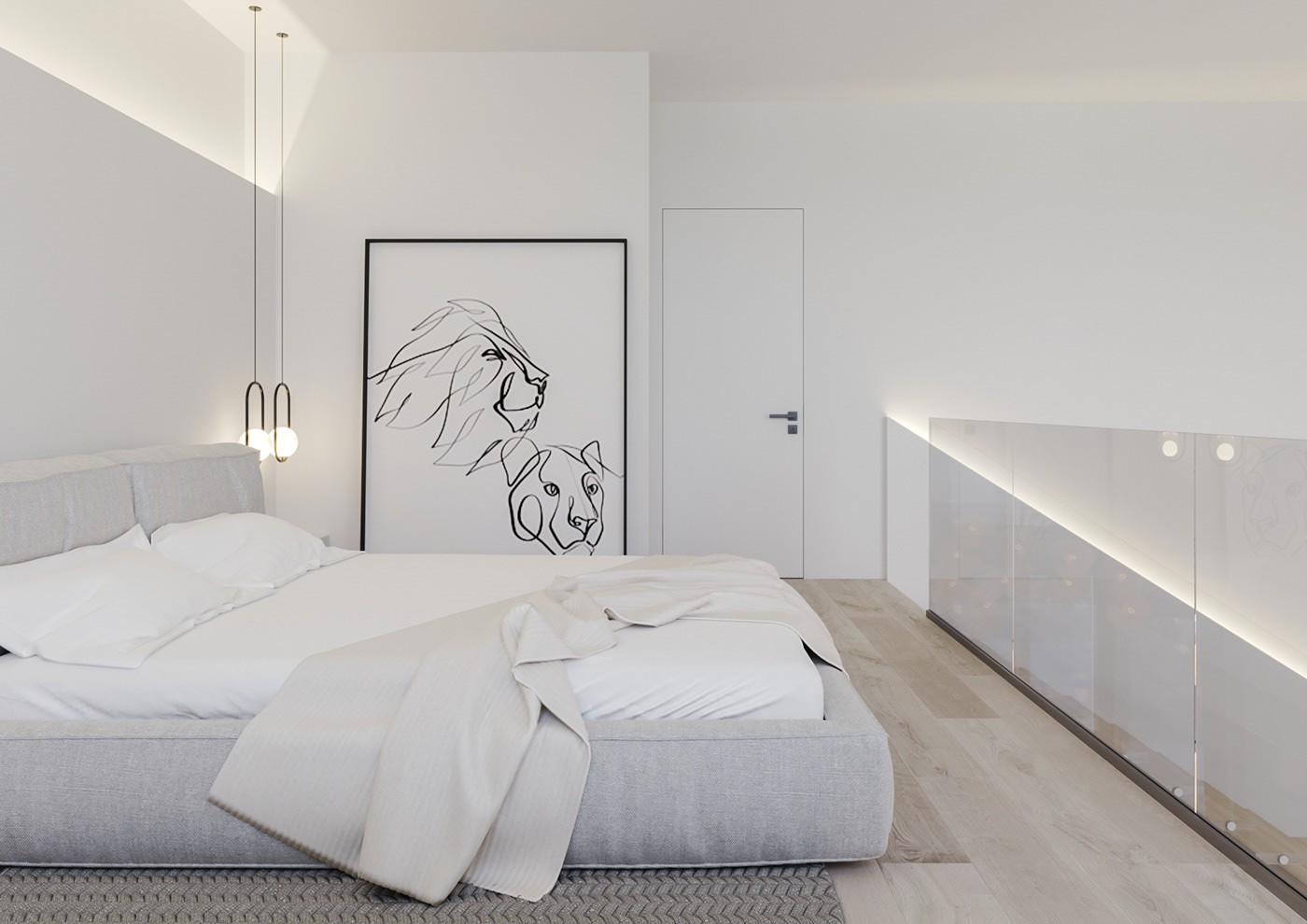 Hình ảnh phòng ngủ màu trắng chủ đạo với giường nệm êm ái, tranh hình đầu sư tử tạo điểm nhấn bắt mắt