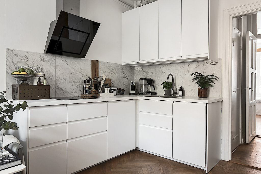 Hình ảnh phòng bếp màu trắng chủ đạo với tủ kệ màu trắng, cây xanh trang trí, máy hút mùi