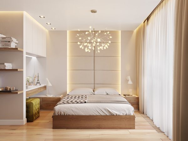 Hình ảnh phòng ngủ hiện đại với ga gối, tủ kệ màu trắng, đèn chùm hoa, đèn LED gắn sau tủ, tường
