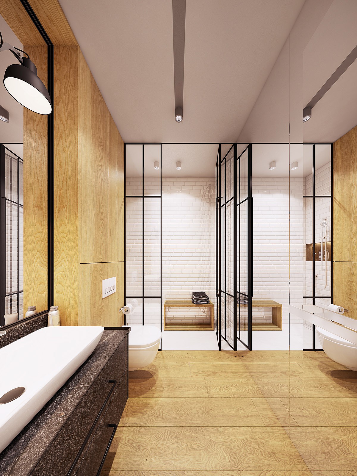 Hình ảnh phòng tắm hiện đại với cửa kính khung đen, sàn gỗ, gương lớn, nội thất trắng