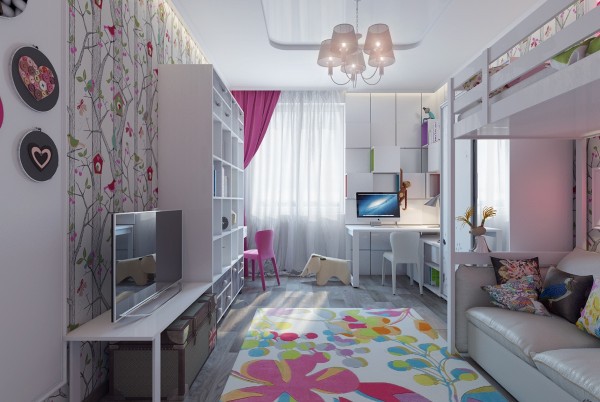 Hình ảnh phòng ngủ của hai bé gái với giường tầng, bàn ghế học bài, kệ sách cao, giấy dán tường họa tiết hoa lá