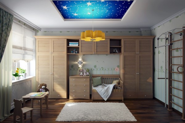 Hình ảnh phòng ngủ cho bé ấn tượng với tủ kệ bằng gỗ, bàn học cạnh cửa sổ kính, trần nhà trang trí tranh 3D đầy sao
