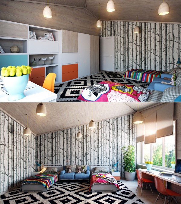 Thiết kế phòng ngủ cho trẻ ấn tượng với thảm trải họa tiết đen trắng, giường đôi phân tách bởi bộ ghế màu xanh, giấy dán tường rừng cây Bắc Âu, bàn học cạnh cửa sổ