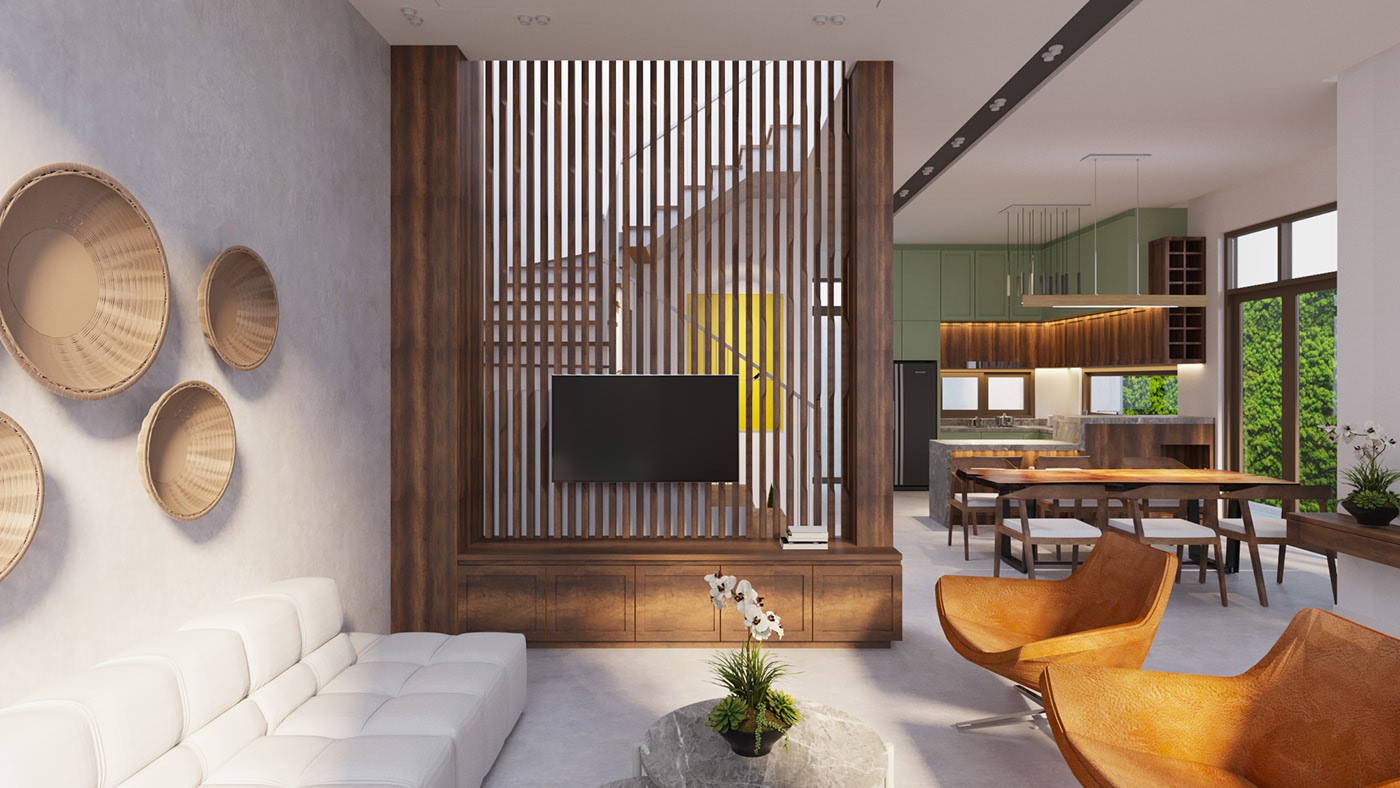Hình ảnh một góc phòng khách với ghế ngồi màu vàng bò, tường nhà độc đáo, kệ tivi, lam gỗ, phía trong là bếp ăn