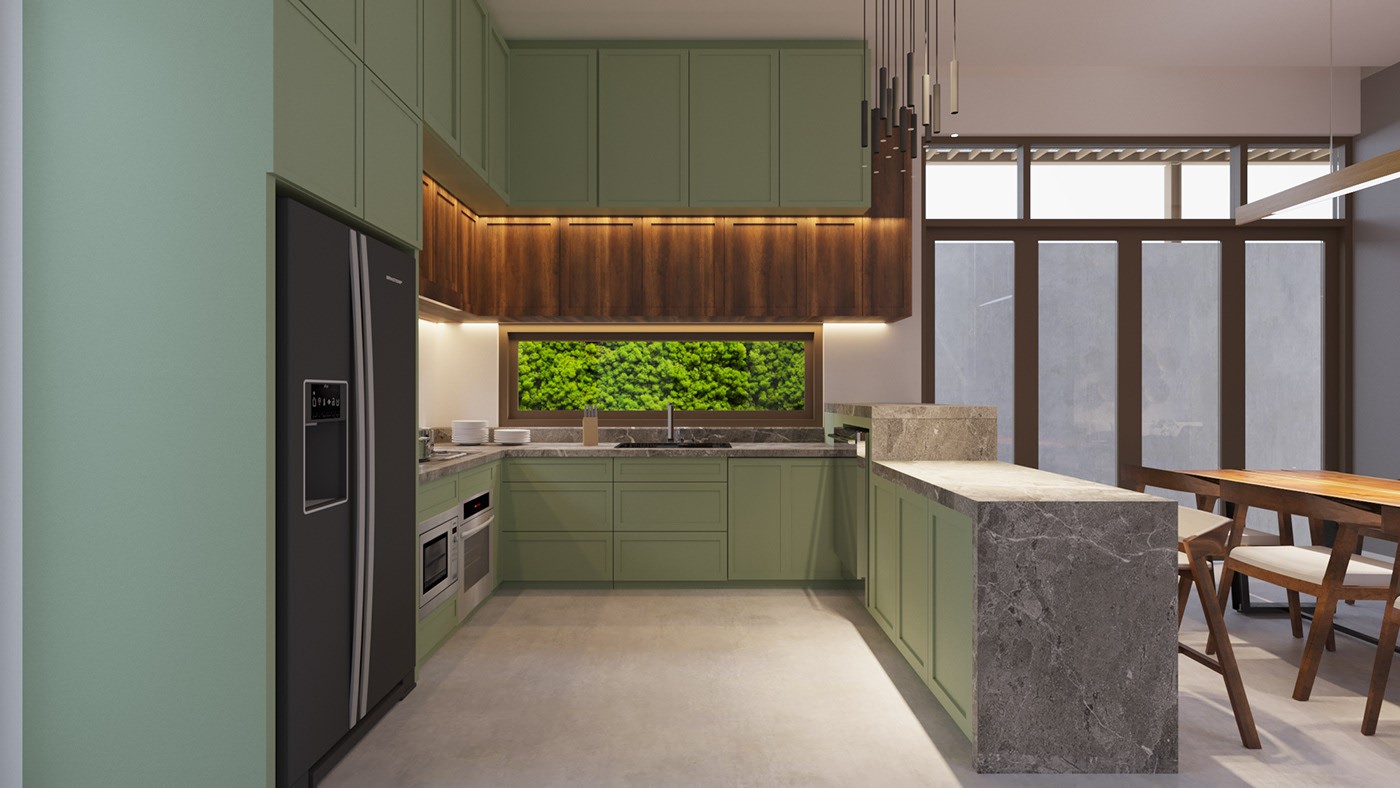 Hình ảnh cận cảnh bếp nấu với thủ màu xanh lá, tủ lạnh màu đen, bar mini, khung cửa sổ nhìn ra sân vườn