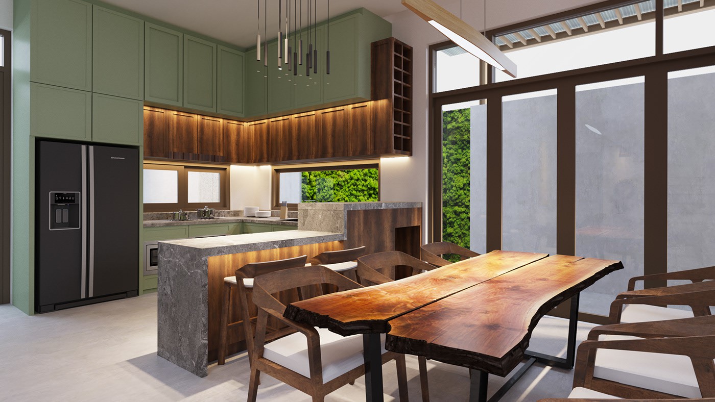 Hình ảnh phòng bếp với hệ tủ màu xanh ngọc, quẩy bar mini, bàn ăn bằng gỗ, ánh sáng đèn