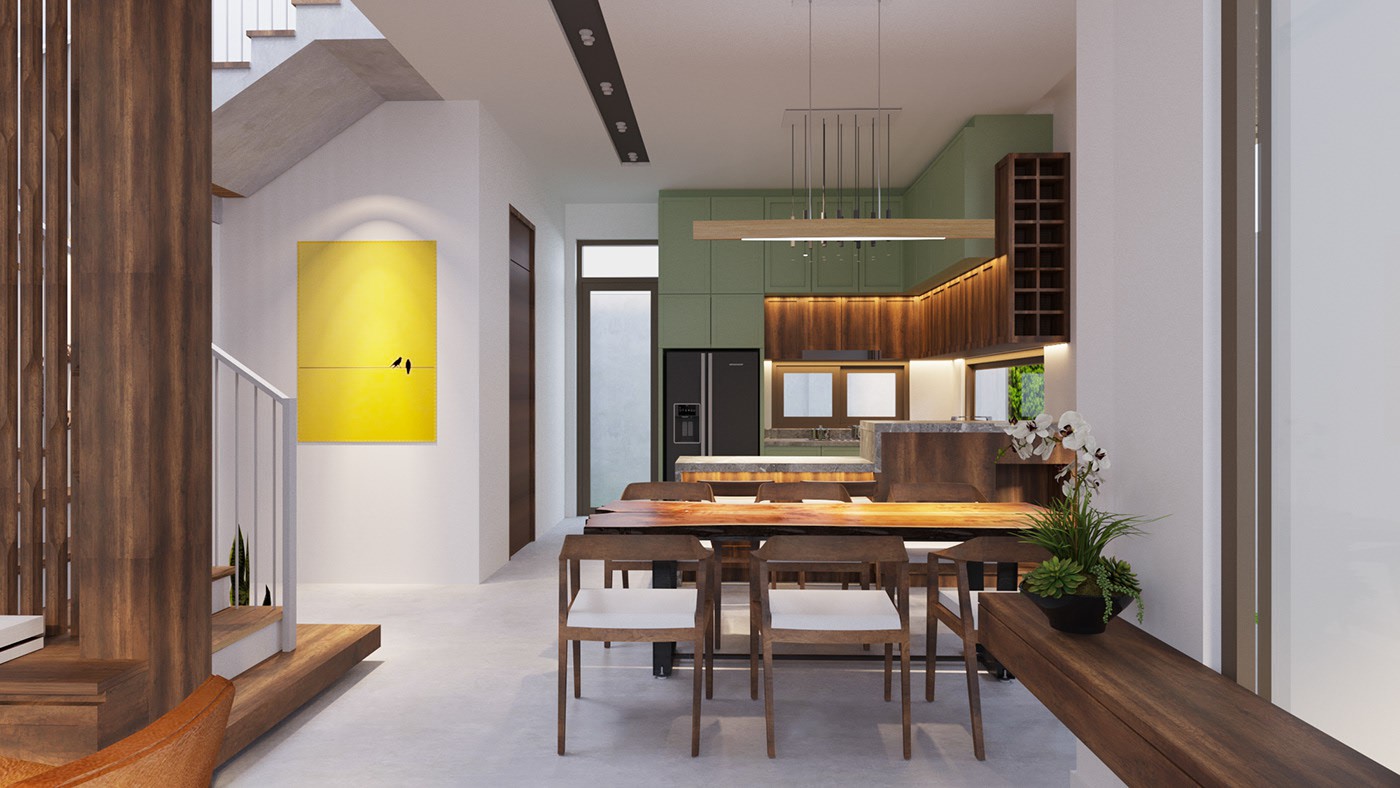 Hình ảnh phòng bếp ăn với bàn gỗ, đèn thả trang trí, khung cửa màu vàng