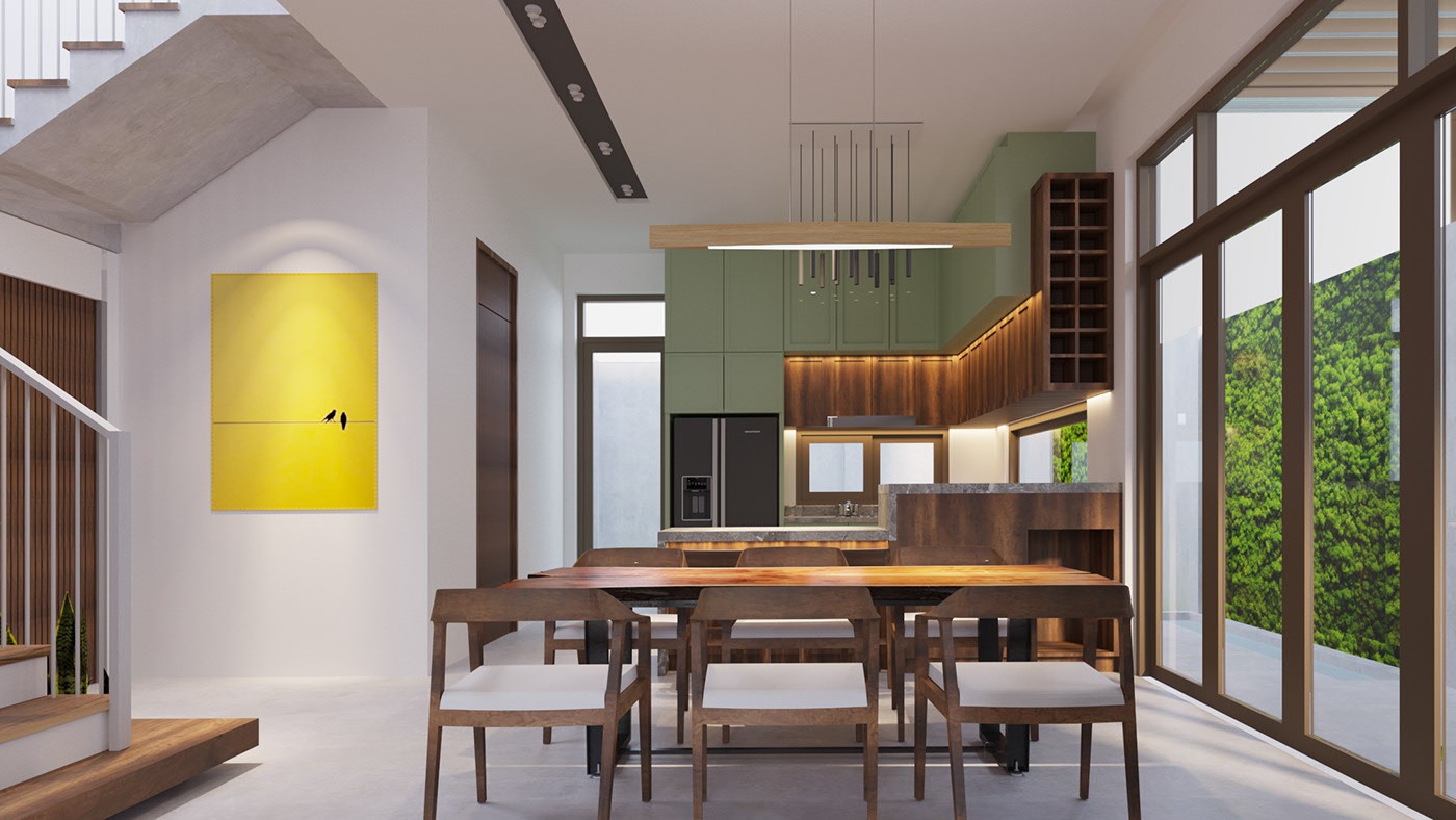 Toàn cảnh khu bếp ăn nhìn từ phòng khách với bàn ghé gỗ, tranh tườn màu vàng, tủ lệ lưu trữ, đèn thả
