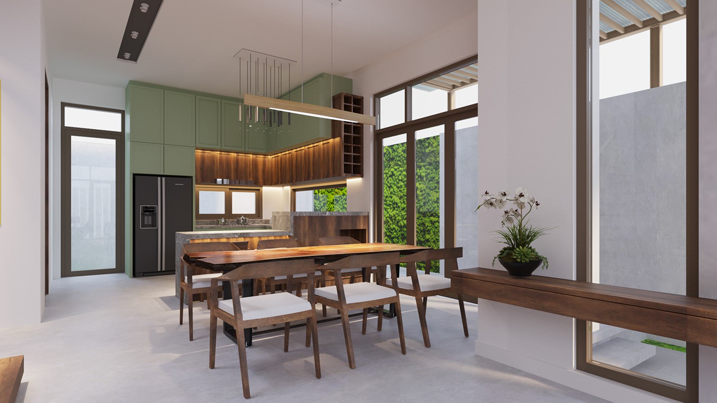 Hình ảnh cận cảnh phòng bếp ăn với bàn gỗ tự nhiên, đèn chạy dọc bàn ăn, tủ bếp màu xanh ngọc, cửa kính