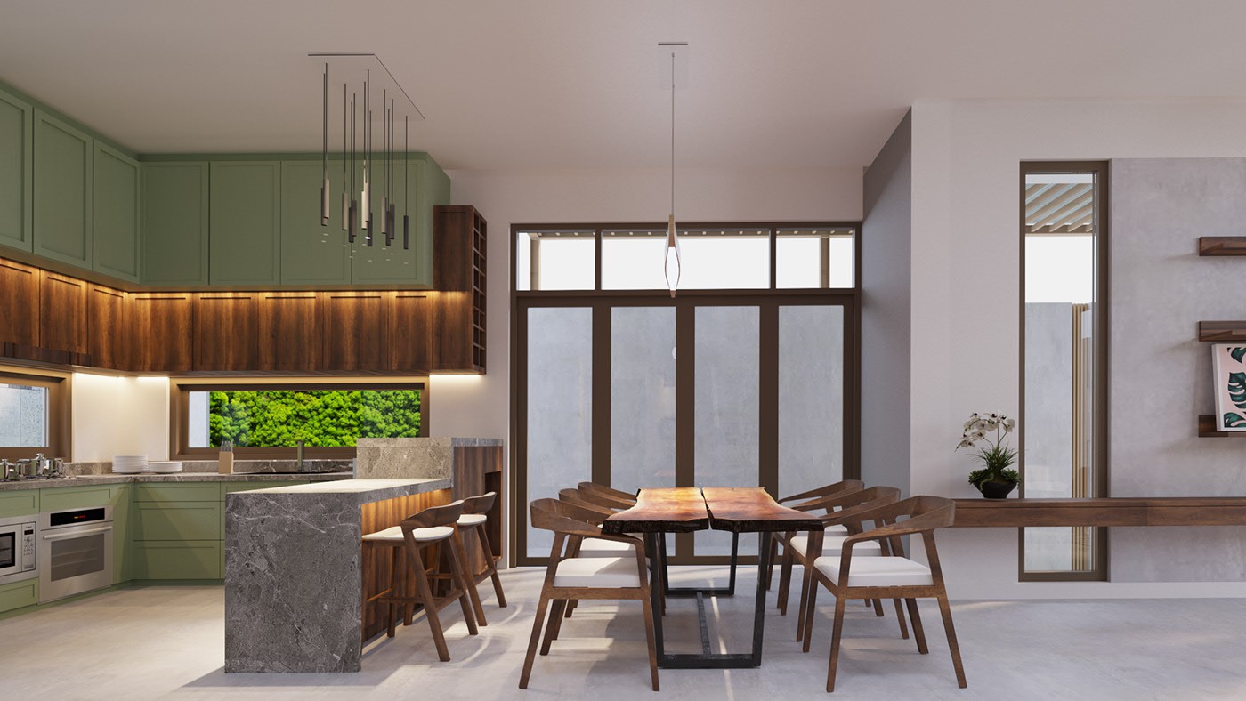 Toàn cảnh phòng bếp ăn với tủ màu xanh ngọc, bar, bàn ăn bằng gỗ, gương hình chữ nhật