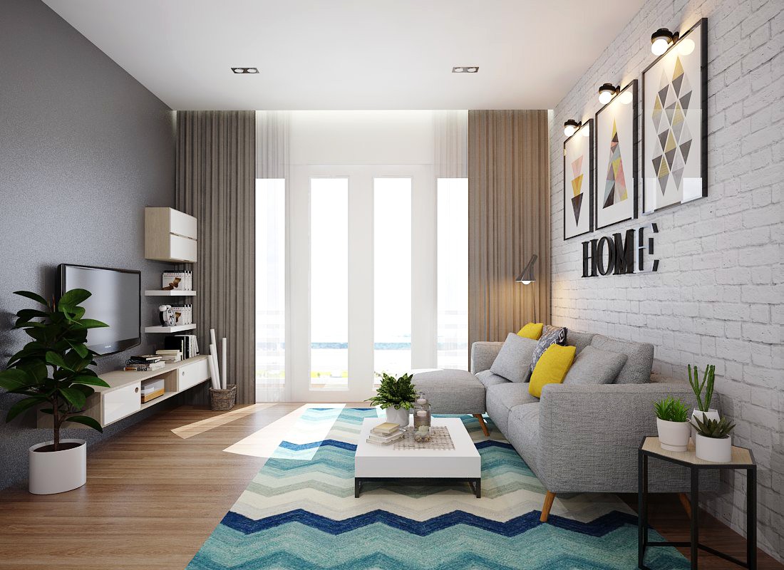 Hình ảnh phòng khách căn hộ 2 phòng ngủ với thảm trải màu sắc, sofa ghi, tranh tường, cây xanh trang trí