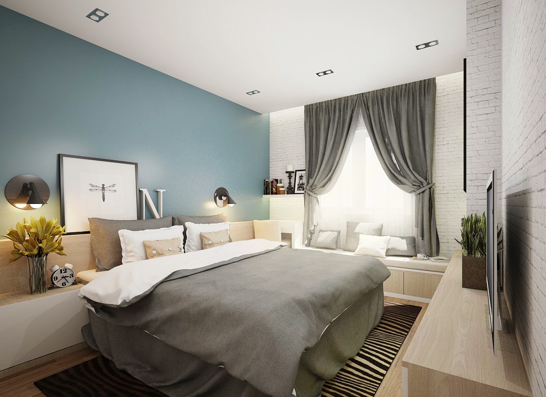 Không gian phòng ngủ chính được trang trí nhẹ nhàng với bức tường màu xanh dương phía đầu giường, rèm cear màu xám, bộ đôi đèn ngủ ấm áp.