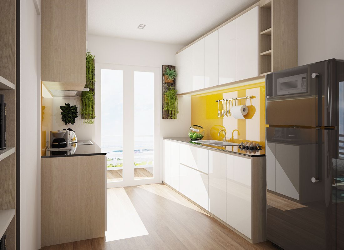 Hình ảnh phòng bếp hiện đại với tủ gỗ kịch trần, tường màu vàng, cửa kính trong suốt