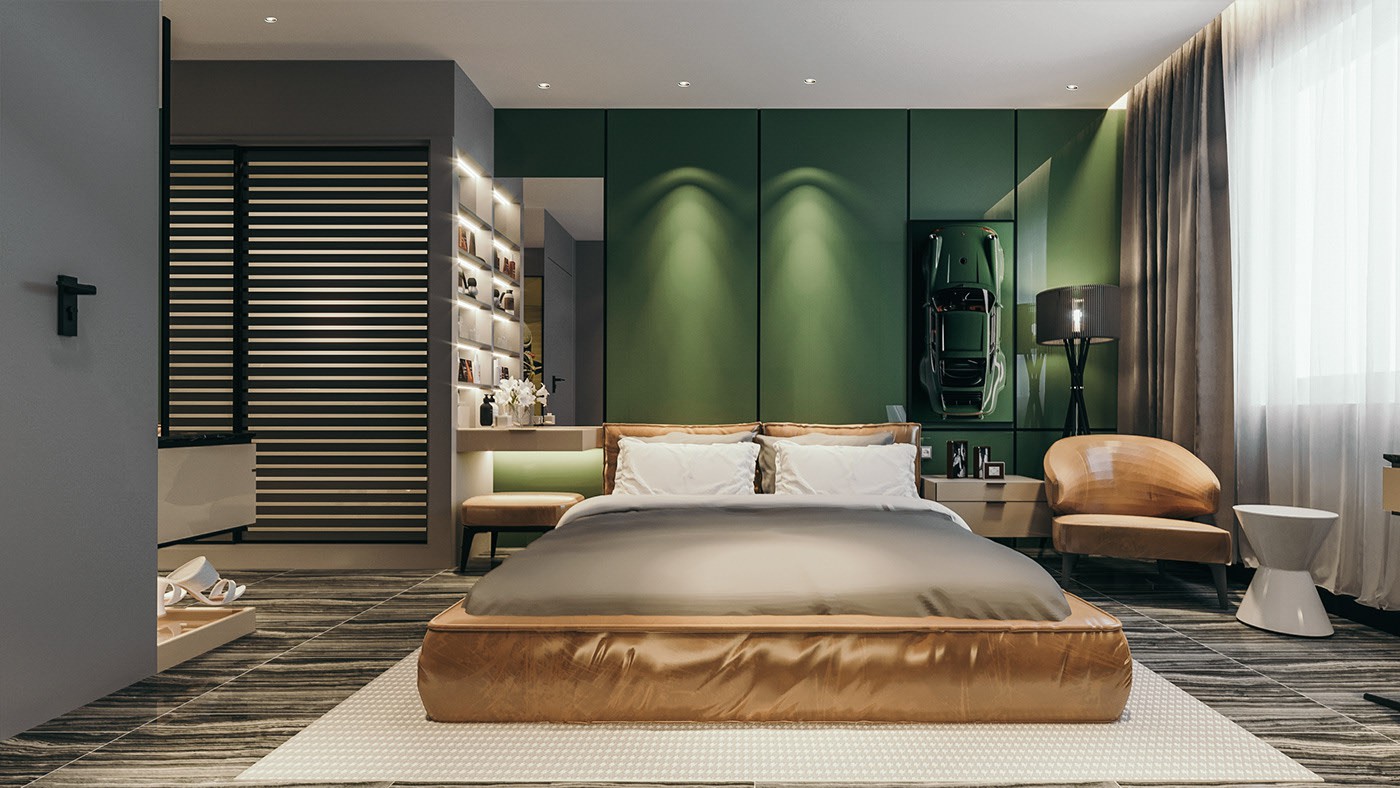 Hình ảnh một góc phòng ngủ với bức tường sơn xanh lá, tủ quần áo kịch trần, giường nệm