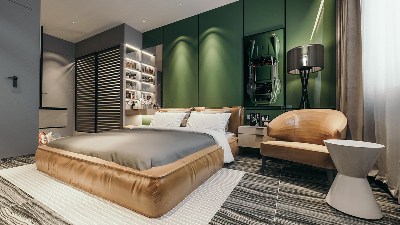 Hình ảnh toàn cảnh phòng ngủ với tường sơn xanh lá, tủ đựng gắn đèn LED, giường nệm...