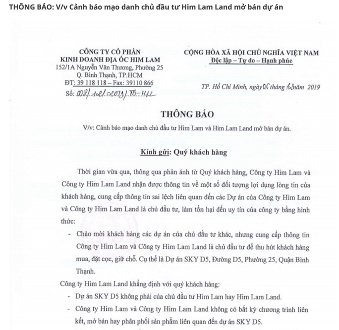 Văn bản cảnh báo của Him Lam Land về việc một số đối tượng mạo danh doanh nghiệp rao bán dự án Khu căn hộ cao cấp Sky D5 tại Bình Thạnh, TP.HCM.