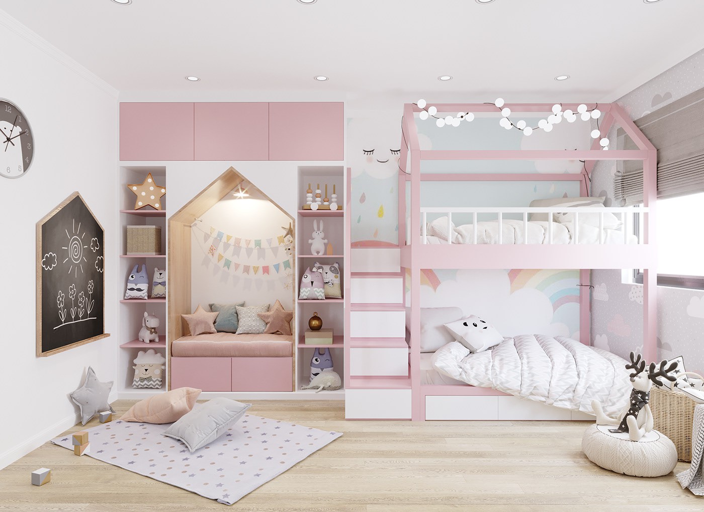 Hình ảnh phòng ngủ của trẻ với giường tầng màu trắng hồng, góc vui chơi, bảng đen