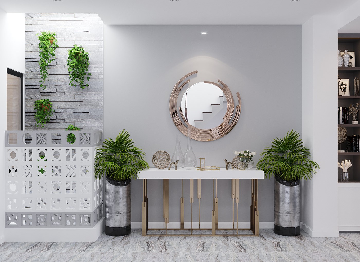 Hành lang nhà đẹp cũng được gia chủ chăm chút tỉ mẩn Hành lang nhà đẹp cũng được gia chủ chăm chút tỉ mẩn, trang trí ấn tượng với gương khung đồng sáng bóng, chậu cảnh đối xứng.