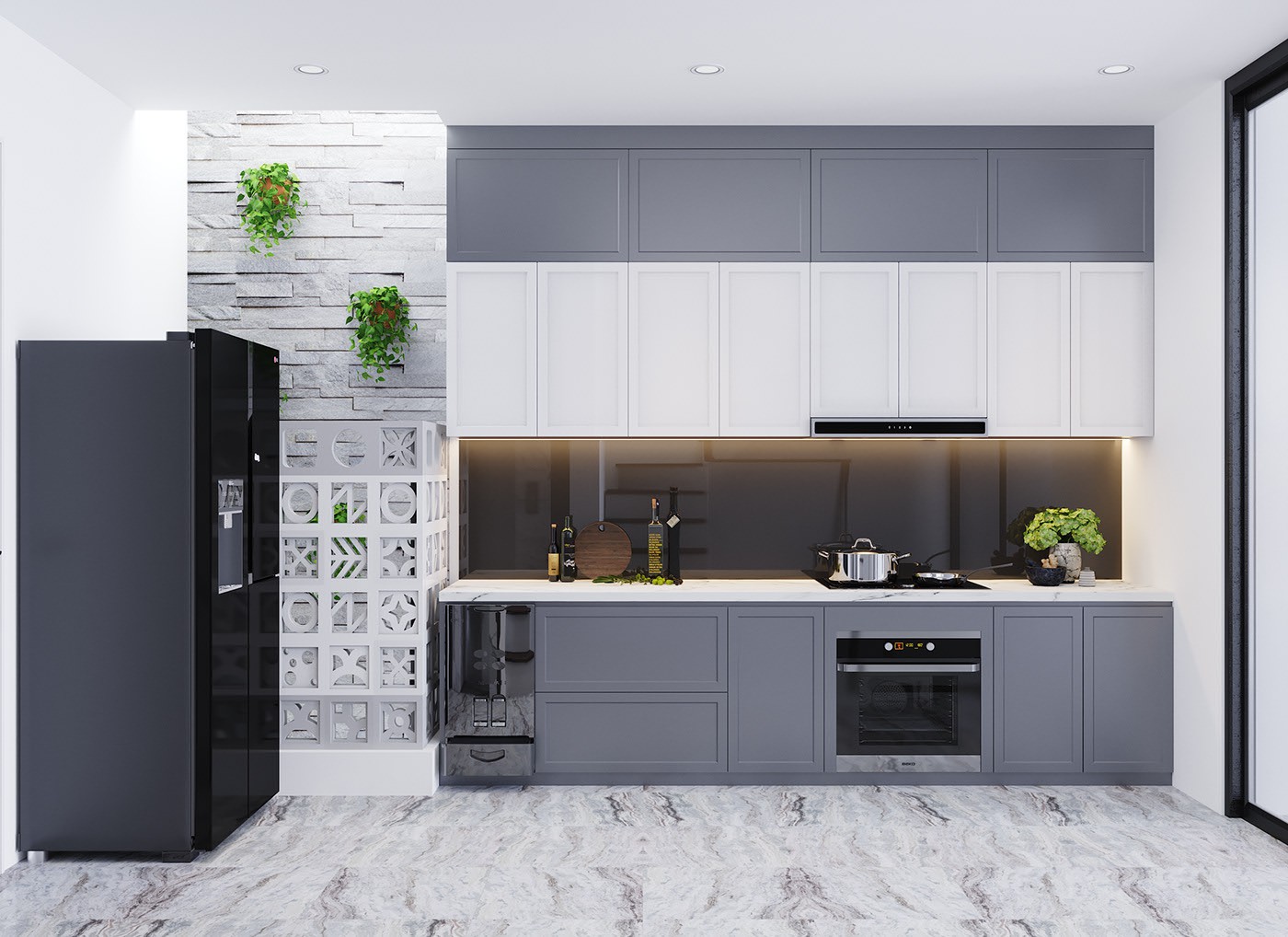 Hệ tủ bếp hình chữ I màu xám - trắng chủ đạo được thiết kế vừa vặn với diện tích phòng, hài hòa với tổng thể không gian.