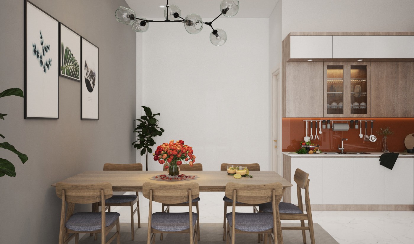 Hình ảnh bàn ăn bằng gỗ, ghế bọc nệm, tranh treo tường, cây xanh trang trí