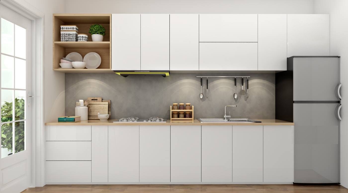 Hệ tủ bếp màu trắng cánh phẳng, cung cấp không gian lưu trữ thoải mái, tạo cảm giác  thoáng rộng hơn cho căn phòng.