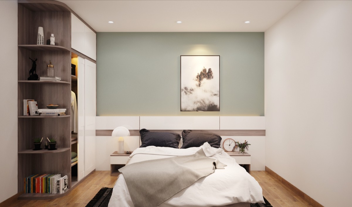 Hình ảnh phòng ngủ cho khách với giường đôi, tranh treo tường, tủ quần áo kết hợp kệ bày đồ trang trí
