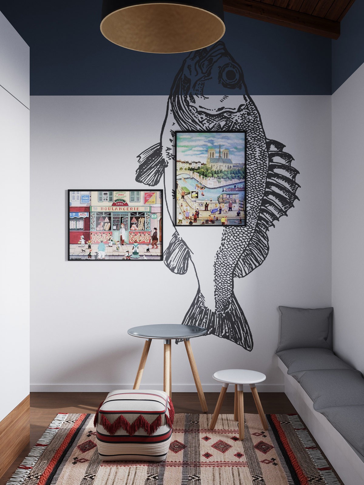 Hình ảnh một góc phòng ngủ của bé được trang trí bởi bức tranh cá nổi bật, hài hòa với tổng thể chung.