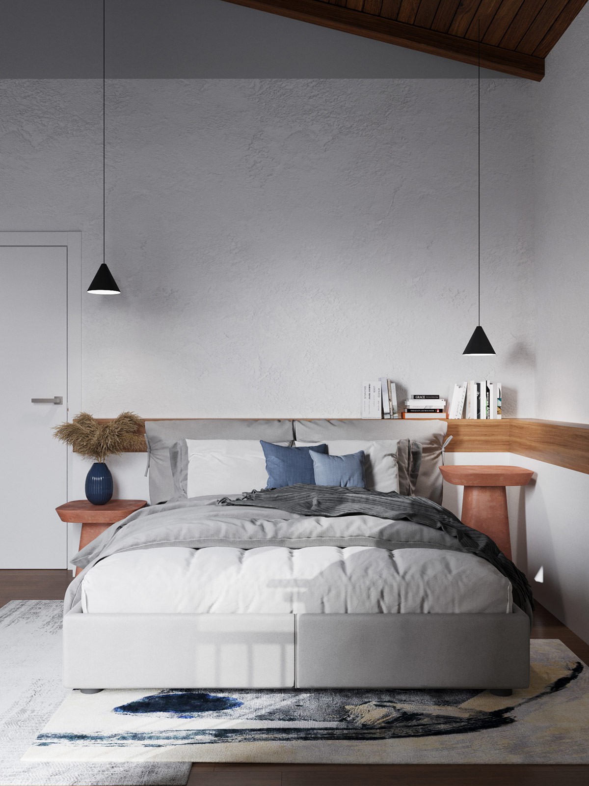 Hình ảnh phòng ngủ hiện đại với giường thấp, tab đầu giường bằng gỗ, đèn thả màu đen
