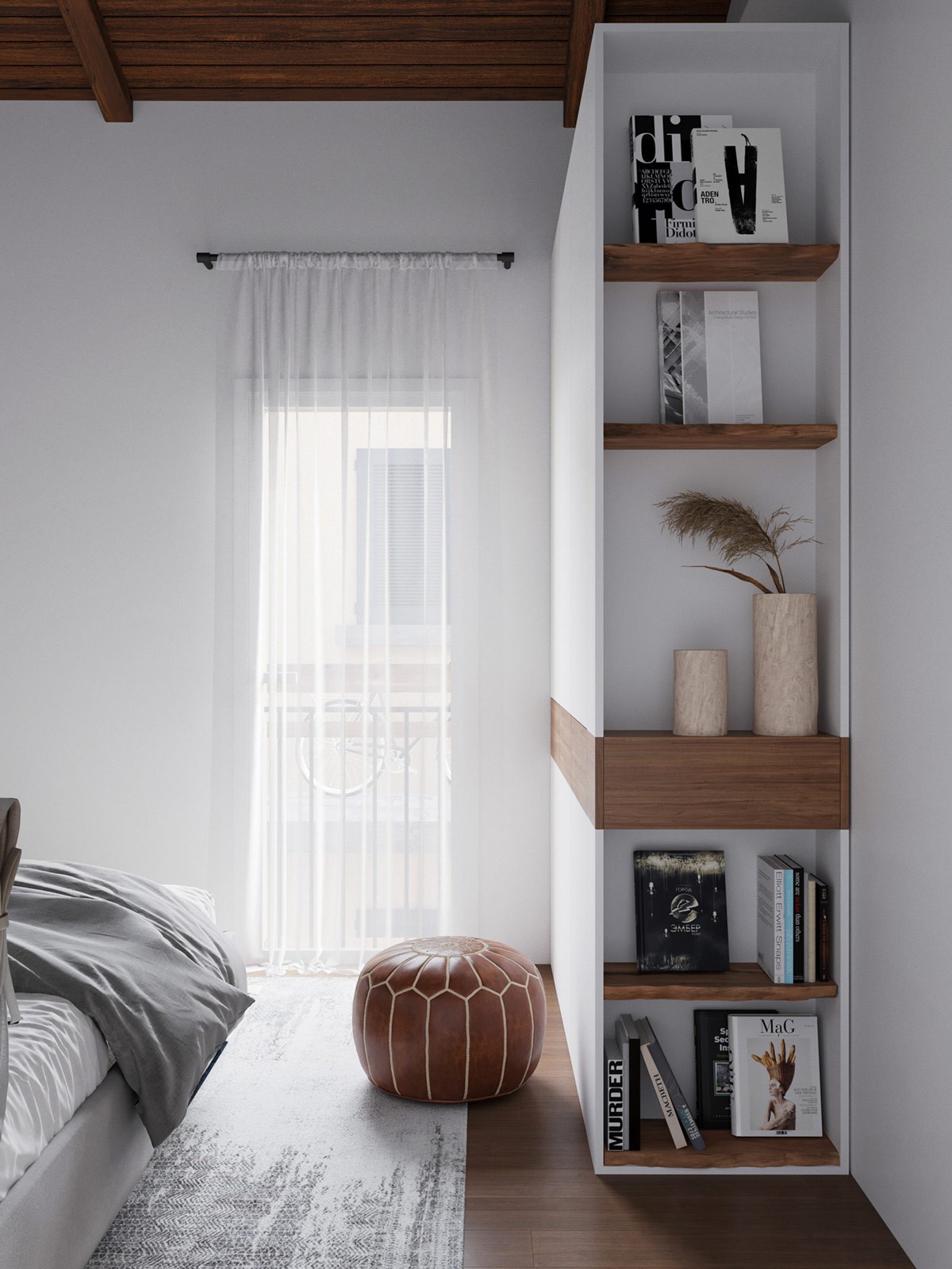 Hình ảnh góc thư giãn trong phòng ngủ với giá sách âm tường, ghế bọc nệm màu nâu, cửa sổ kính