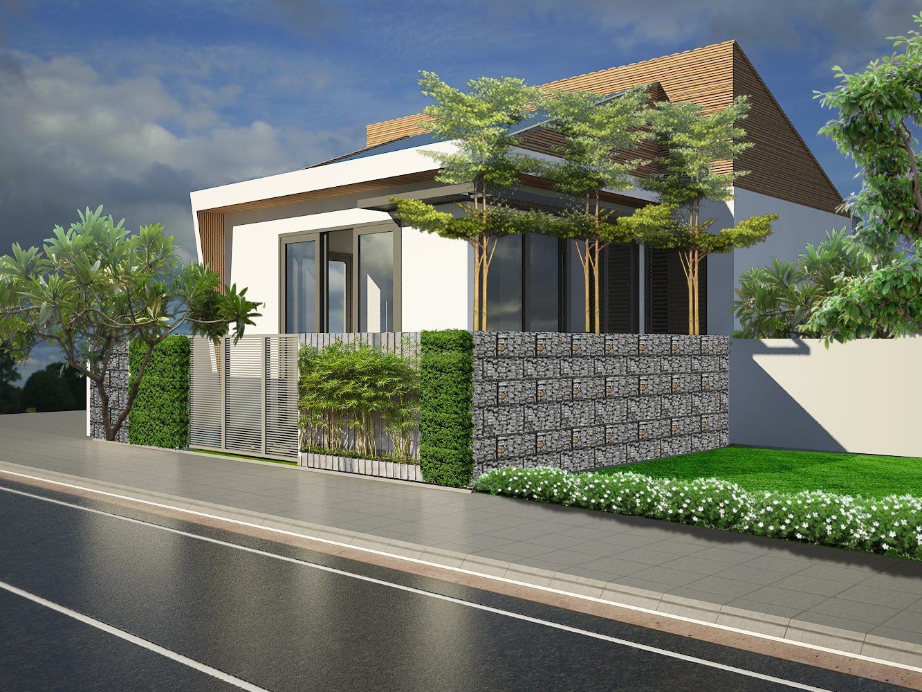 Hình ảnh phối cảnh mẫu nhà cấp 4 có gác lửng phong cách hiện đại, trồng cây xanh ở phía trước, bên hồng nhà