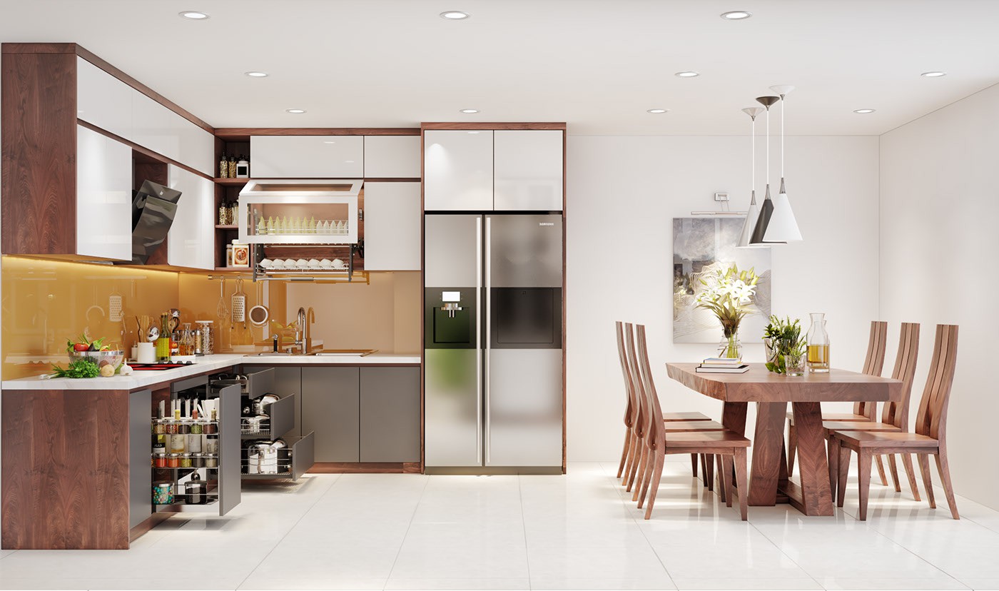 Hình ảnh phòng bếp với hệ tủ bếp kết hợp ngăn kéo tiện lợi giúp tối ưu hóa diện tích sử dụng, b àn ghế ăn bằng gỗ tự nhiên