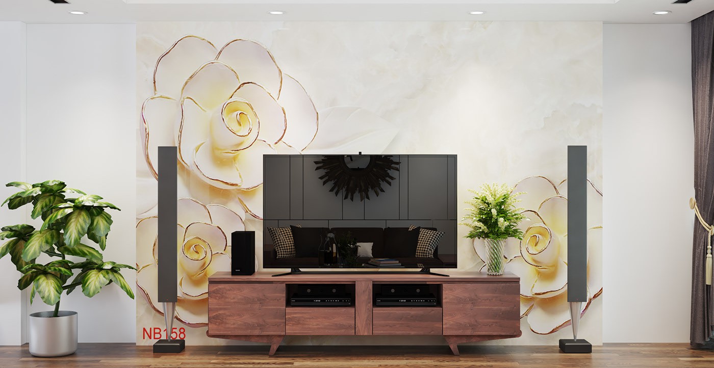 Hình ảnh khu vực tủ kệ tivi phòng khách được trang trí ấn tượng với tranh 3D tông màu trang nhã, cây xanh, bình hoa