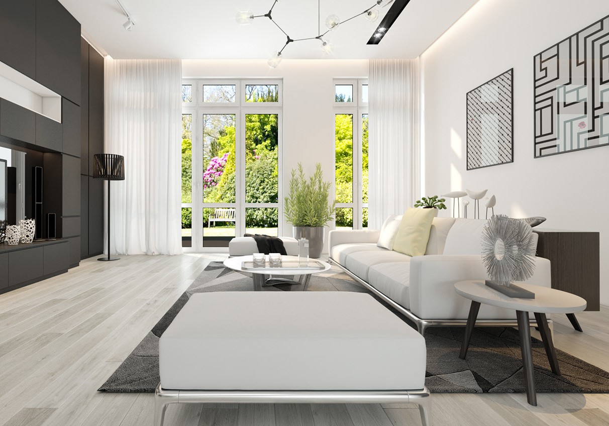 Hình ảnh phòng khách nhà phố 2 tầng rộng thoáng với sofa trắng, tủ kệ tivi màu đen, bàn trà tròn, thảm trải, cửa kính