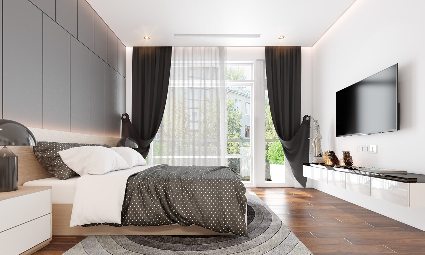 Hình ảnh phòng ngủ master được bài trí với gam màu đen - trắng, tủ âm tường, rèm cửa hai lớp, kệ tivi 