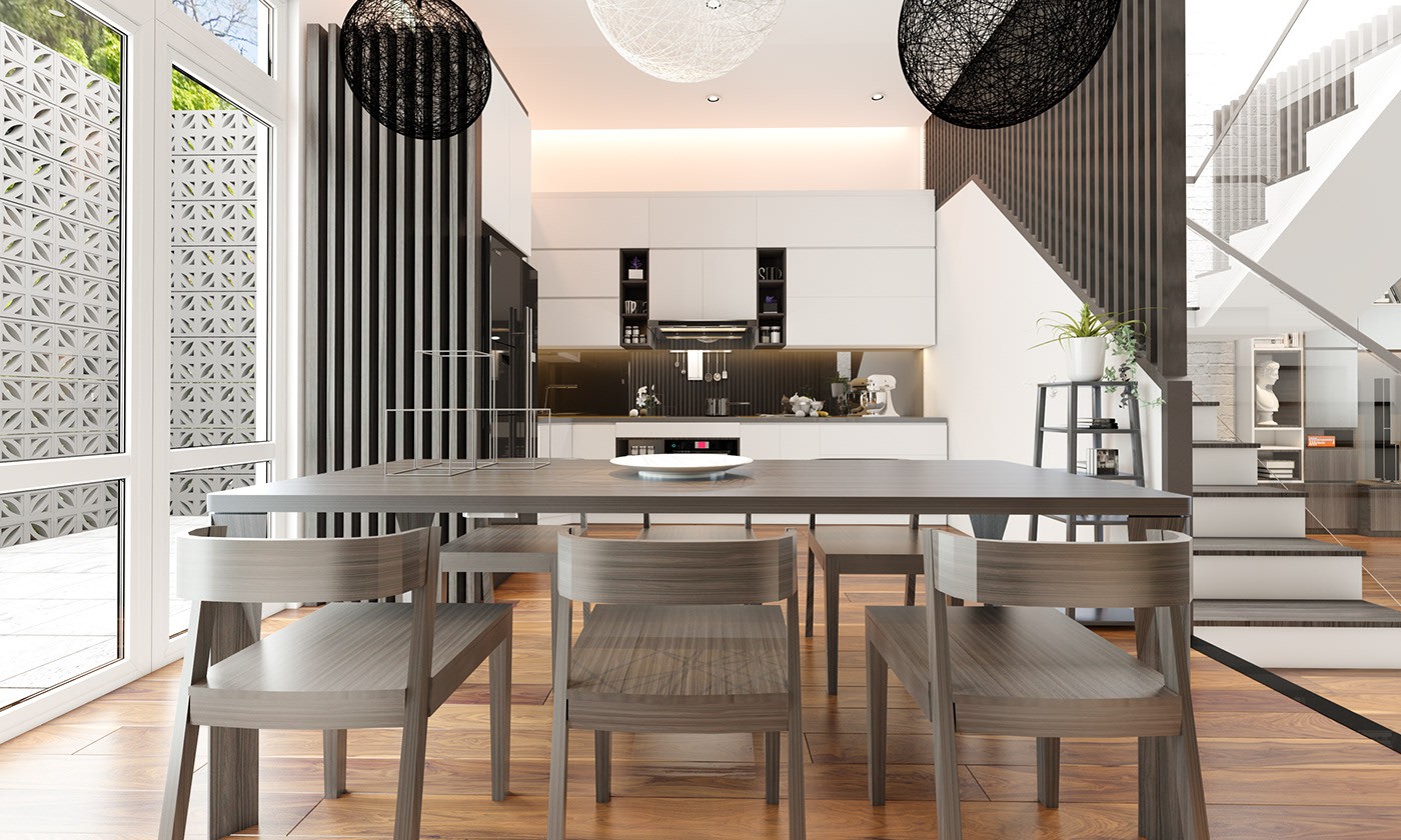 Hình ảnh cận cảnh khu vực bàn ăn bằng gỗ, trang trí bằng đèn lồng sơn đen trắng ấn tượng, đối diện là bếp nấu hiện đại