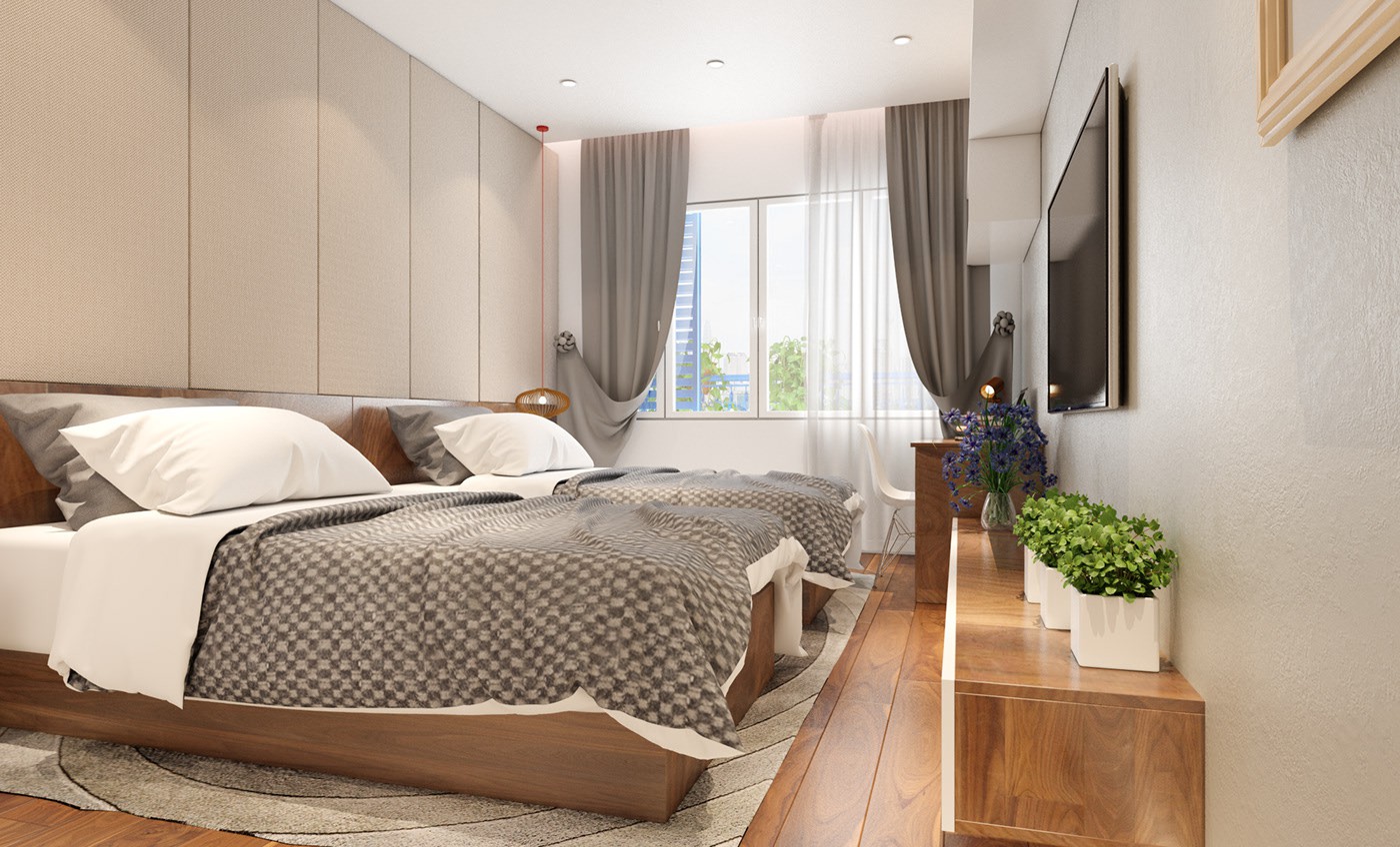 Hình ảnh phòng ngủ đơn giản với 2 giường gỗ lớn, tủ kệ tivi, rèm cửa sổ kính