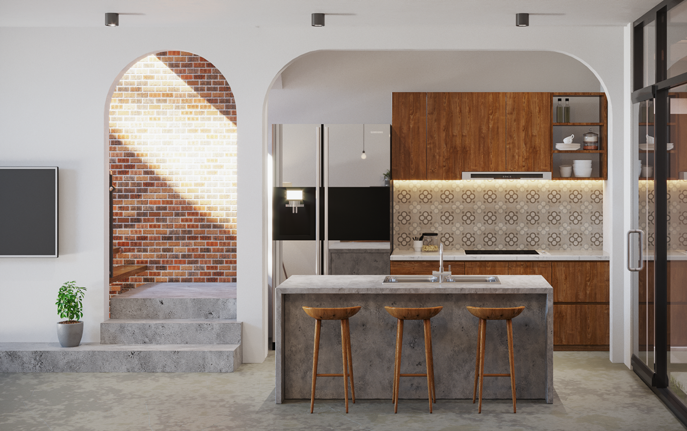 Hình ảnh phòng bếp với tủ gỗ, tường ốp gạch bông, bar nhỏ xinh, cạnh đó là cầu thang lên tầng trên, kệ tivi