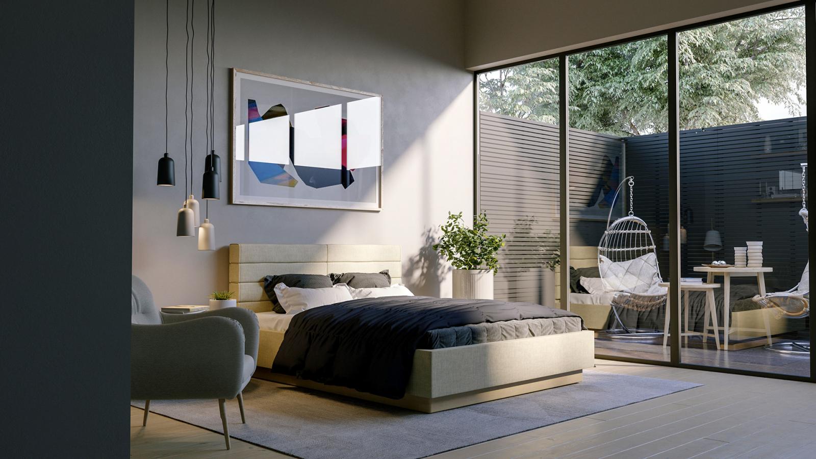Hình ảnh phòng ngủ hiện đại với tông màu xám trắng chủ đạo, cửa kính mở ra sân vườn thư giãn