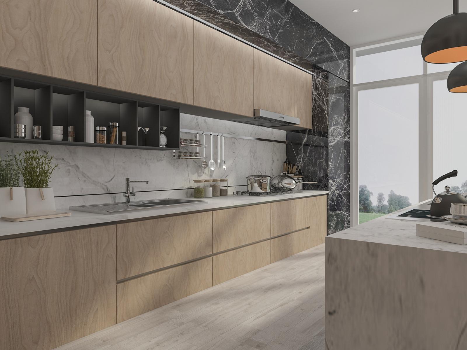 Hình ảnh phòng bếp hiện đại với tủ gỗ, đường viền bằng đá cẩm thạch màu đen sang trọng