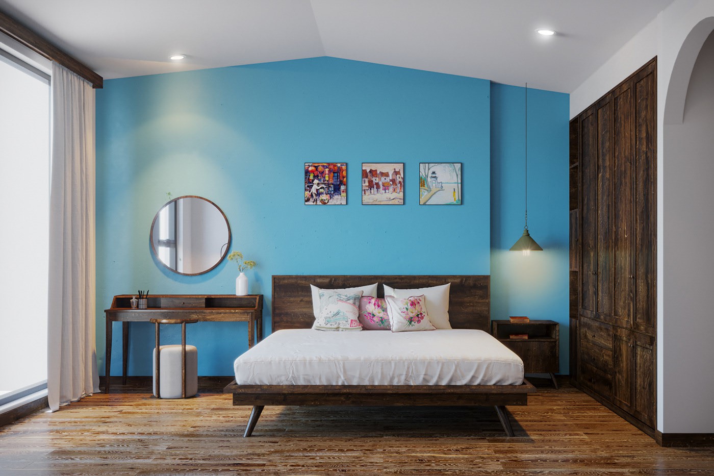 Hình ảnh phòng ngủ của trẻ với giường, tủ quần áo bằng gỗ, tường đầu giường sơn xanh dương, trang trí bằng gương tròn, tranh ảnh, cạnh đó là bàn trang điểm
