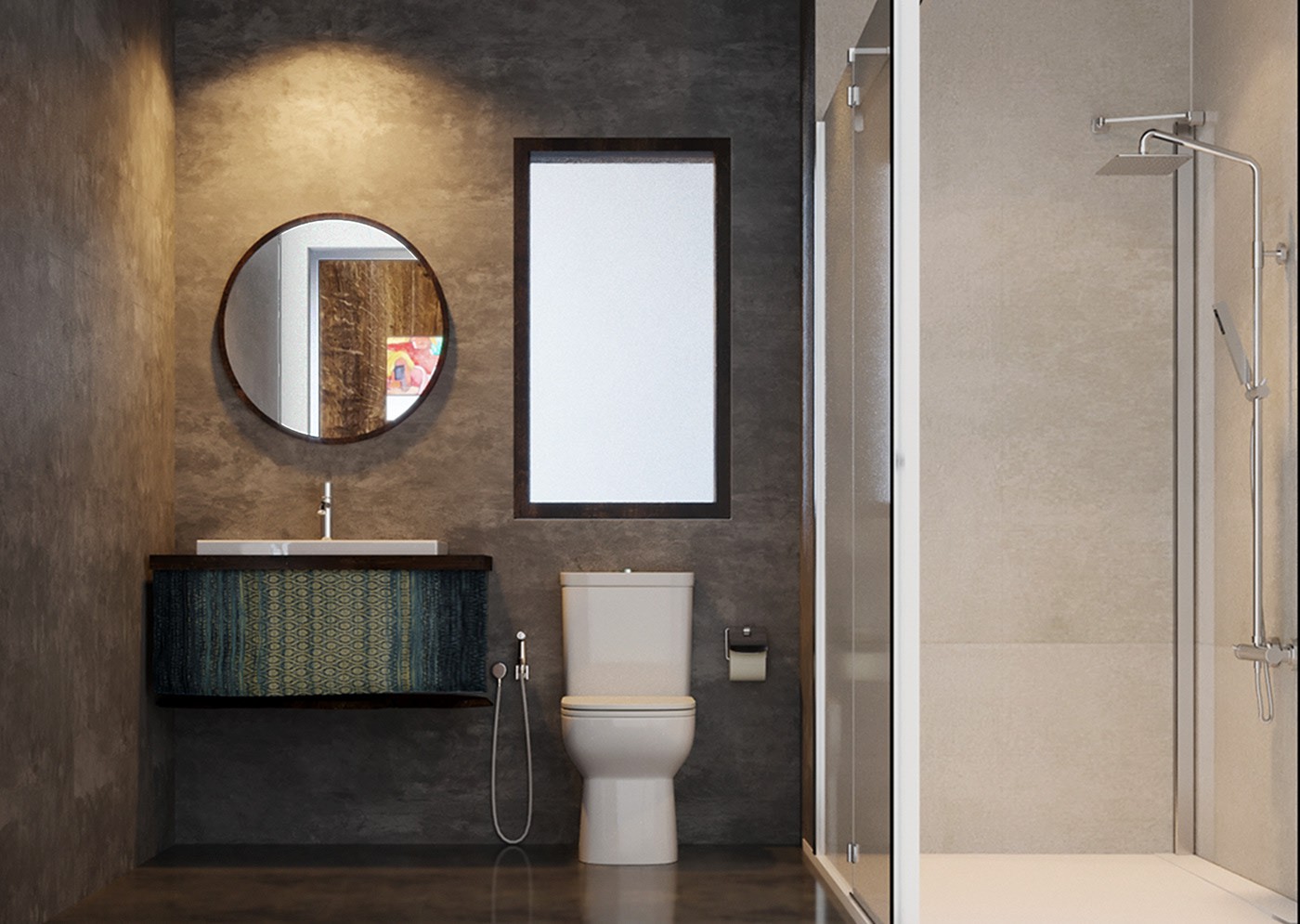 Hình ảnh phòng tắm với hai khu tắm đứng, vệ sinh riêng biệt, phân tách bởi màu tường xám và vách kính trong suốt