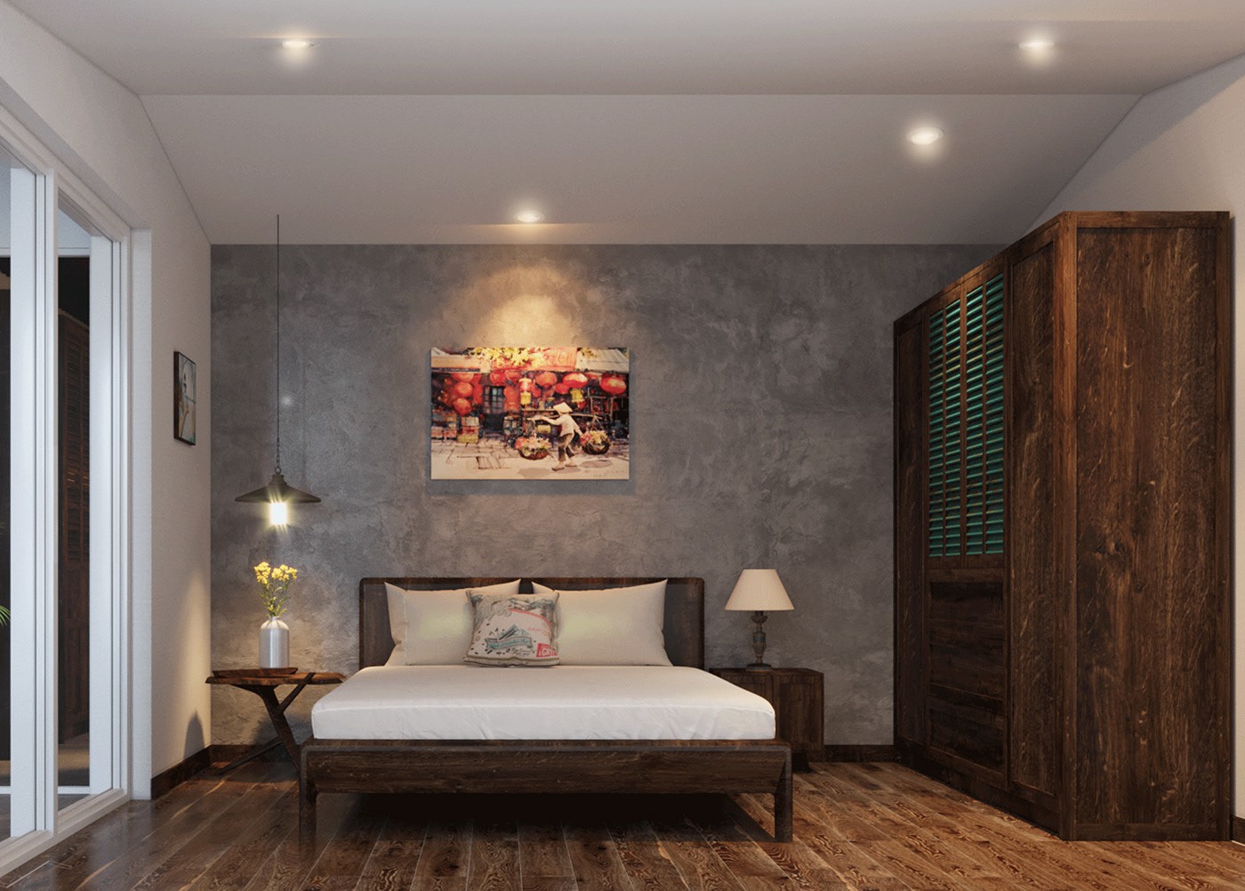 Hình ảnh phòng ngủ nhà phố ấn tượng với tường bê tông mộc mạc, tủ gỗ cổ xưa, tranh treo ấm áp