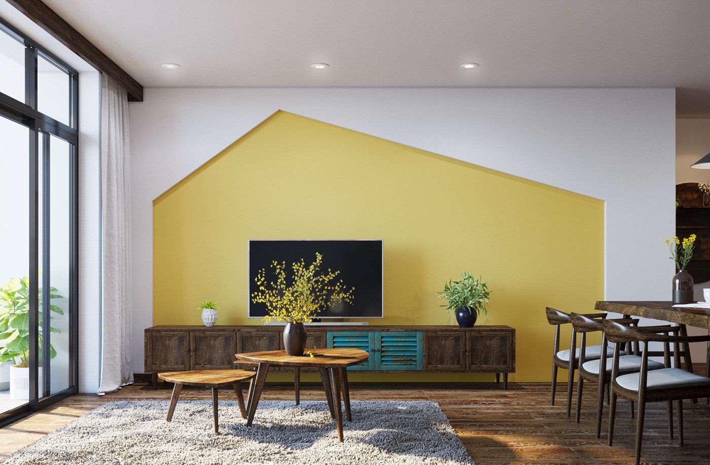 Hình ảnh phòng khách với tủ kệ tivi bằng gỗ, tường phía sau sơn vàng bắt mắt, lọ hoa trang trí, thảm trải trên sàn gỗ, cửa sổ kính